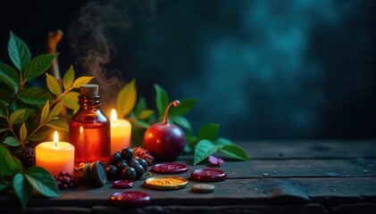 Mystical herbs, glowing potion, candles, wax seals Dark background , occult, liquid