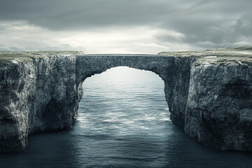 Stone arch bridge connecting cliffs over ocean dramatic sky