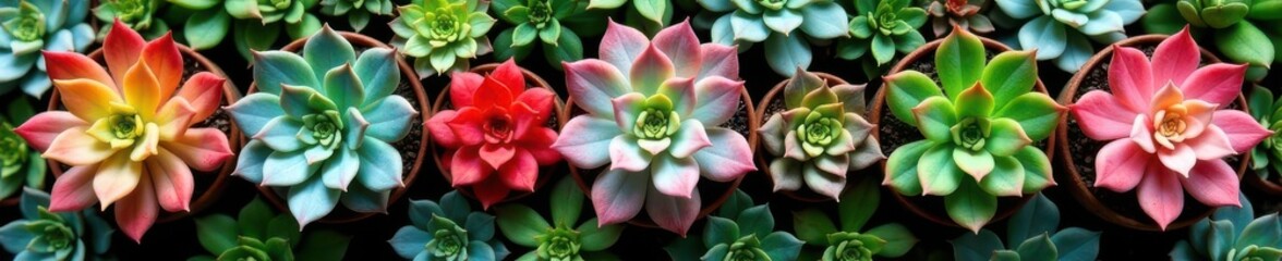 Fototapeta premium Collection of single echeveria succulents overhead Summer plant design , design, echeveria, vibrant colors