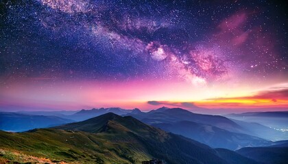 galaxy landscape stars flickering milky way and pink light at mountains night colorful landscape starry sky with hills at summer beautiful universe space background with galaxy travel background
