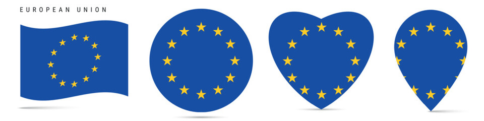 European Union waving flag, circle badge, heart shaped, map pin. Flat vector illustration isolated