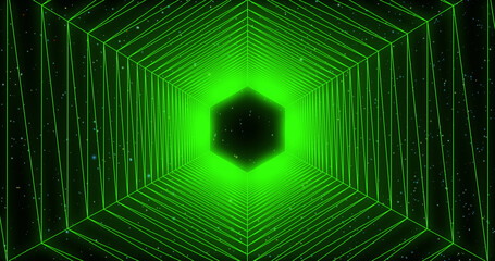 Glowing hexagonal tunnel in dark space with stars. Bright neon light. Backdrop for start, night club, sci-fi space and science themes.
