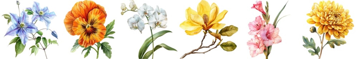 Vibrant Floral Illustrations Featuring Various Colorful Flowers on a Transparent Background