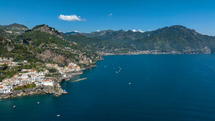 Fototapeta premium Panorama of the Amalfi Coast near Amalfi, in the Campania region, Italy. It is one of the most beautiful and touristic places on the Italian peninsula.