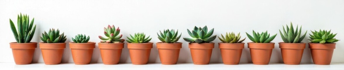 Diverse succulents in clay pots, white wall background, background, clay pots, plants