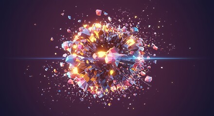Exploding Geometric Crystal Cluster: A vibrant 3D render of a shattering crystal sphere, radiating energy and light against a dark background.  