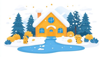 Fototapeta premium Charming winter home vector scene with snow covered roof and pin