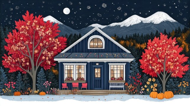 Autumnal pixel house with mountain backdrop on starry night cozy