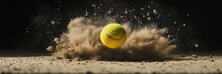 Tennis Ball Impact with Exploding Dust and Debris High-Speed Action Shot,dynamic Tennis Ball in Motion with Dust,Tennis Ball Hitting Ground with Exploding Dust,tennis ball captured in stunning,