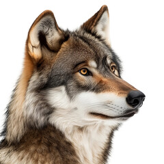 Obraz premium A majestic wolf portrait. The wolf's attentive gaze and detailed fur create a sense of alertness and natural beauty