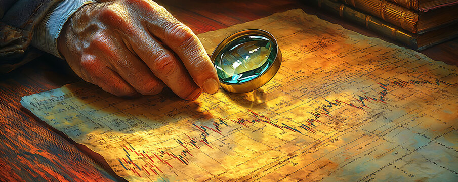 A weathered hand uses a magnifying glass to examine an antique document filled with financial charts and handwritten notes. - Powered by Adobe