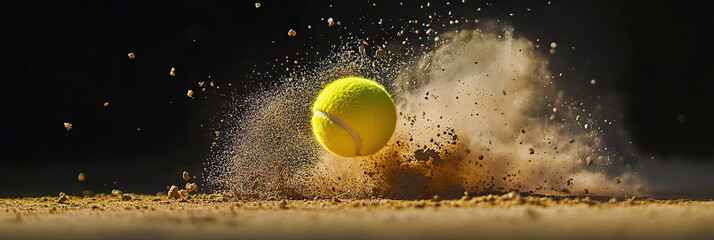 Tennis Ball Impact with Exploding Dust and Debris High-Speed Action Shot,dynamic Tennis Ball in Motion with Dust,Tennis Ball Hitting Ground with Exploding Dust,tennis ball captured in stunning,