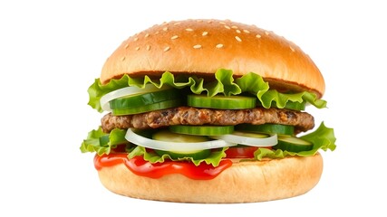 Delicious Burger Delight: A mouthwatering hamburger, meticulously crafted with a juicy patty, crisp lettuce, fresh cucumbers, and sliced onions, is a culinary masterpiece.