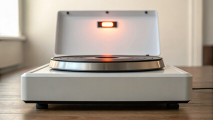 Modern turntable with elegant design and warm lighting on a wooden surface