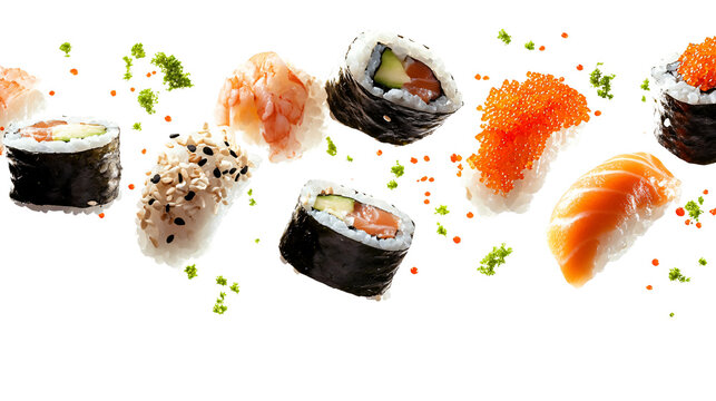 Delicious Flying Maki Sushi on White Background for Creative Design Projects