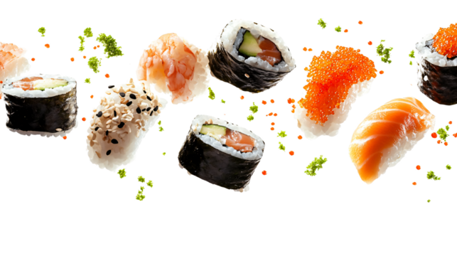Delicious Flying Maki Sushi on White Background for Creative Design Projects