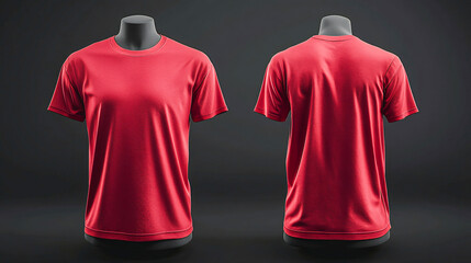 Photorealistic 3d render of a vibrant red t-shirt with intricate fabric texture displayed from front and back views on an invisible mannequin