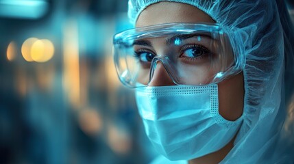 Close-up Portrait of a Female Scientist in a Laboratory Setting, Wearing Protective Gear