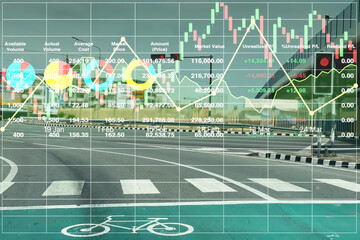 Stock financial image investment data with graph, chart and candlesticks symbol on urban highway image for transportation industry presentation and report background.

