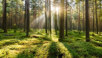 sunlight filtering through forest trees forest background sun rays and glare in the pine forest green forest with sun rays