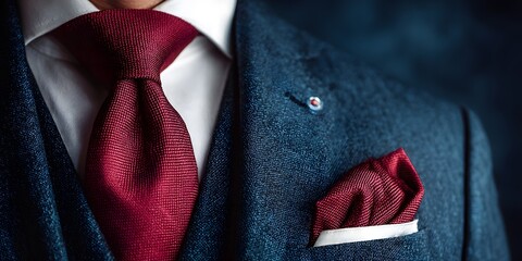 Well-dressed man in a navy blue suit, white shirt, and red tie stands against a dark blue background, professional lighting highlighting his elegant attire.  