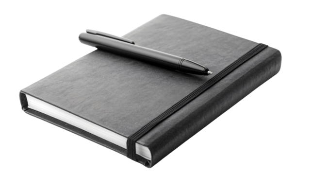 Professional Grey Notebook with Pen on White Background for Writing and Note-taking