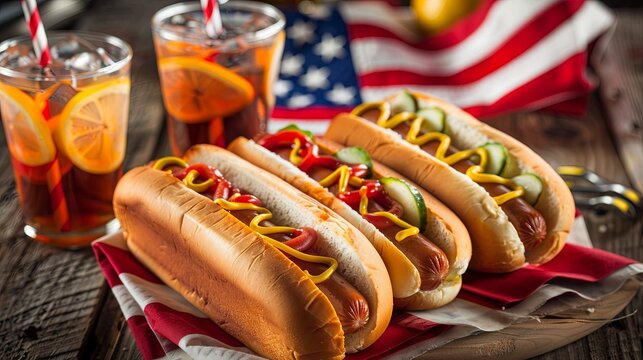 
American patriotic hot dogs and classic lemonade next to the US flag. American patriotic picnic holiday hot dogs. Celebrating Independence Day, 4th of July, Memorial Day or Veteran's Day