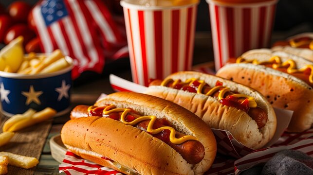 American patriotic hot dogs and lemonade in striped glasses next to the US flag. American patriotic picnic hot dogs holiday. Celebrating Independence Day, 4th of July, Memorial Day or Veteran's Day