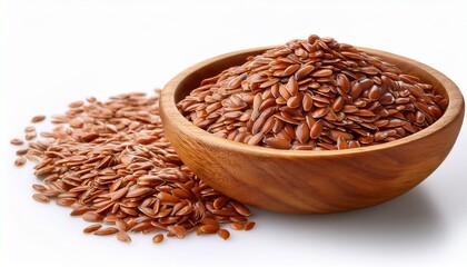 flaxseed in wooden bowl isolated on white background