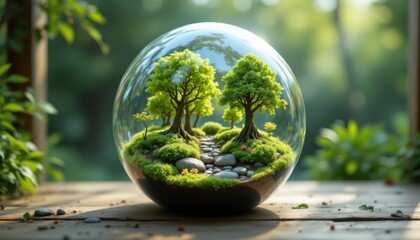 A glass sphere contains a miniature forest scene with trees, rocks, and greenery, set on a wooden surface in a bright, natural setting.
