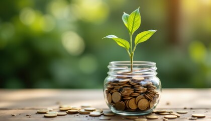 A small plant grows from a jar filled with coins, symbolizing financial growth and investment in a natural setting.