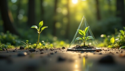 A small plant grows inside a glass pyramid on a forest floor, symbolizing protection and environmental care amid nature.