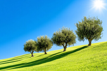 Obraz premium Olive Trees Under a Bright Blue Sky on a Sunny Day in a Serene Landscape