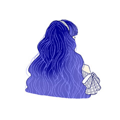 This illustration shows the back of a woman with long wavy hair.