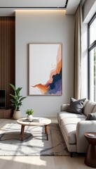 Fototapeta premium stylish living room interior with an abstract frame poster, modern interior design, 3d render, 3d illustration