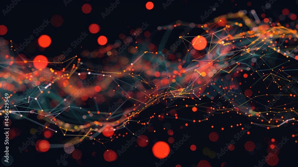 Poster abstract visualization of glowing dots and lines on a dark background. digital artwork of glowing vi