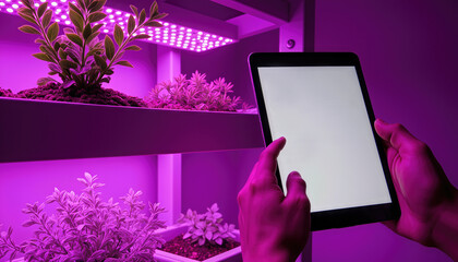 Hand adjusting plant-care app on tablet in vertical garden, digital nature