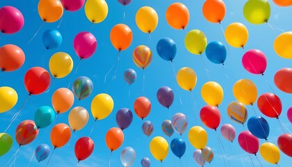 A collection of colorful balloons floating in a clear blue sky, arranged in perfect pride flag pattern,