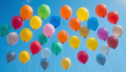 A collection of colorful balloons floating in a clear blue sky, arranged in perfect pride flag pattern,