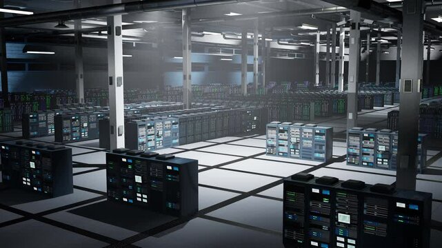 Dimly lit data center operating computational infrastructure dedicated to processing AI workloads. Server room supercomputers operating massive datasets used in neural networks processes
