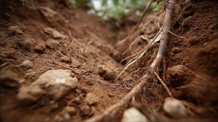 This close-up macro view showcases rich dark soil, highlighting detailed textures and tiny roots that symbolize the vitality of Earth's ecosystem and fertility