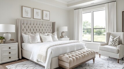 Fototapeta premium Modern bedroom interior with light neutral tones.