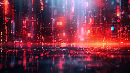 Fototapeta premium Digital tunnel with bright light and vibrant colorful pixels. Technology and sci-fi concept for wallpaper, banner. Abstract image of glitch effect with red and white color with dark background. AIG53.