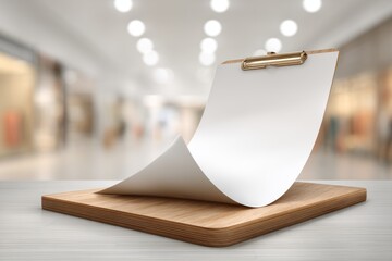 Close up of a wooden clipboard with blank white paper, top sheet curling up, blurred background. Perfect for adding text, logos or promotional messages to your design project.