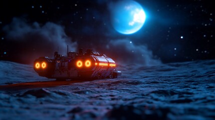Futuristic spaceship standing on desolate moon surface with vibrant moon