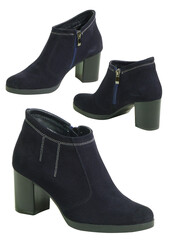 Dark blue suede ankle bootie transparent background.. Stylish women's footwear product shot. Bootie with block heel and zipper.