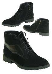 Black suede casual boot with zipper transparent background.. Stylish men's footwear product shot. Modern boot with laces and soft texture.