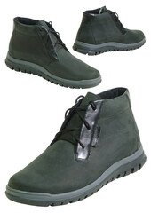 Dark grey or black chukka boot transparent background.. Stylish men's casual footwear. Product shot of suede boots.
