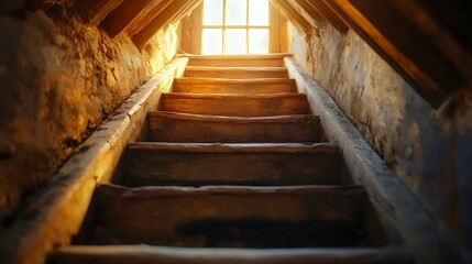A weathered wooden staircase ascending towards a sunlit window, creating a warm perspective. © Linus