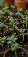 New Life in Pots: A collection of delicate, vibrant seedlings, sprouting fresh growth in biodegradable pots, promising a future full of potential and the beauty of nature.